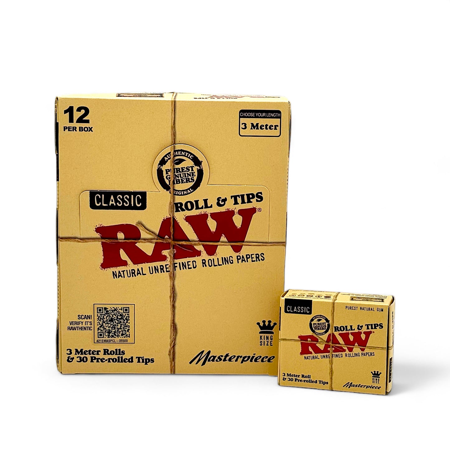 Raw Roll & Tips Masterpiece Classic King Size - Pack of 12, 3 Meter Rolls, 30 Pre-Rolled Tips