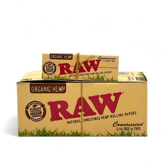 Raw Papers Organic Hemp Connoisseur 1 1/4 Size + Tips - Pack of 24, 50 Leaves/Pack, 50 Tips/Pack