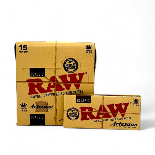 Raw Papers Artesano Classic King Size Slim - Pack of 15, 32 Leaves/Pack, 32 Tips/Pack