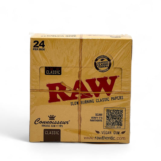 Raw Papers Classic Connoisseur King Size Slim + Tips - Pack of 24, 32 Leaves/Pack, 32 Tips/Pack