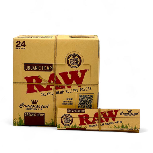 Raw Papers Organic Hemp Connoisseur King Size Slim + Tips - Pack of 24, 32 Leaves/Pack, 32 Tips/Pack