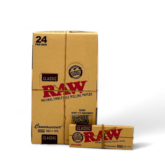 Raw Papers Classic Connoisseur Single Wide + Tips - Pack of 24, 50 Leaves/Pack, 50 Tips/Pack